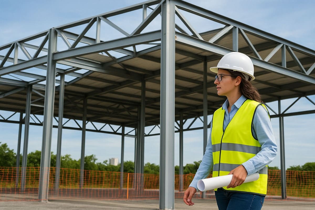 Engenheira analisando planejamento de obra com estrutura metálica